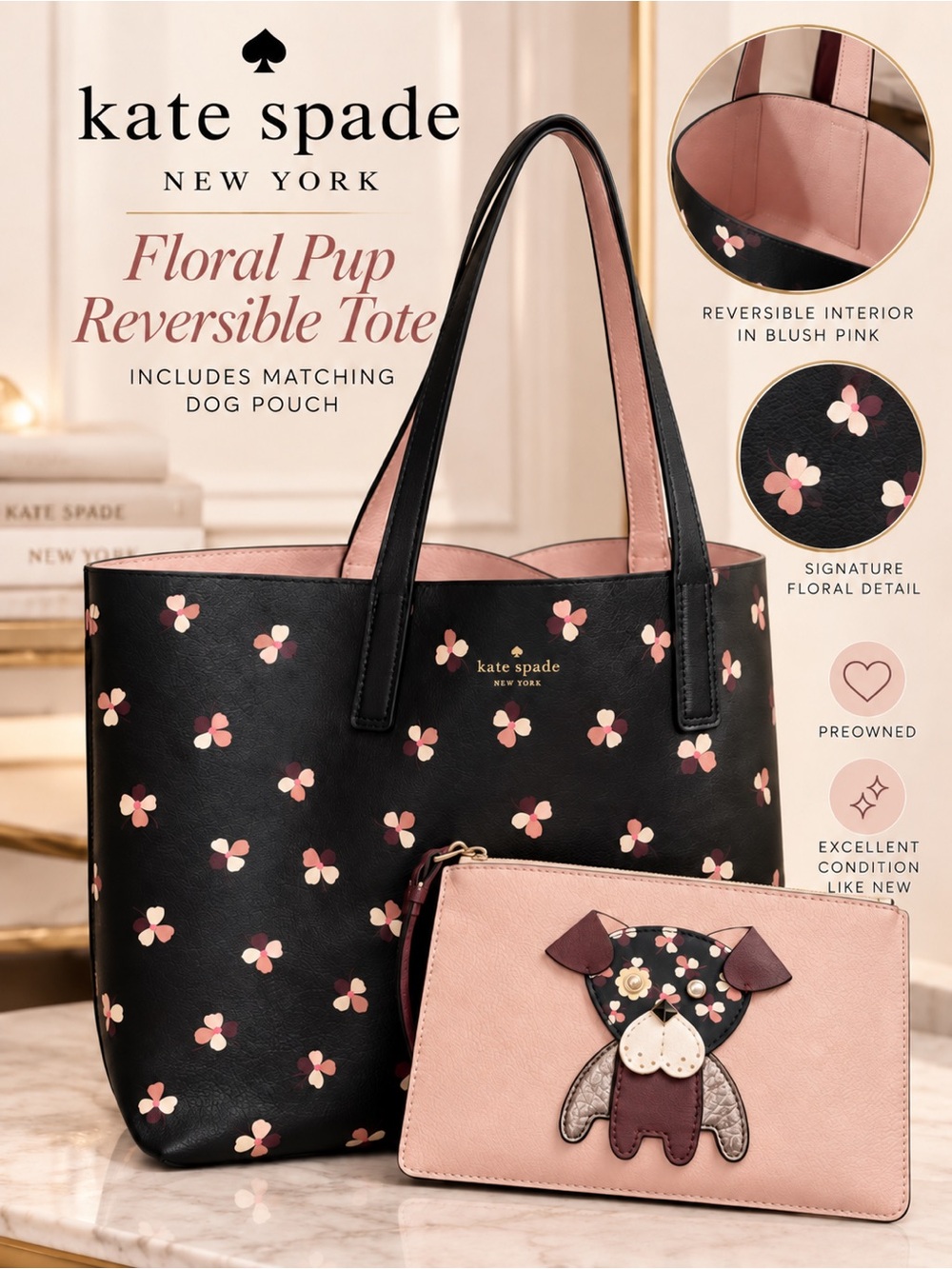 Kate Spade - ♠️ Floral Pup 🐶 Reversible Tote + Matching Dog Pouch Black Blush